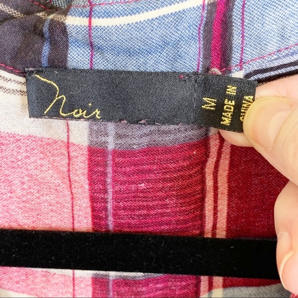 Noir Red Blue Plaid 3/4 Sleeve Button-Down Shirt - Picture 6 of 7